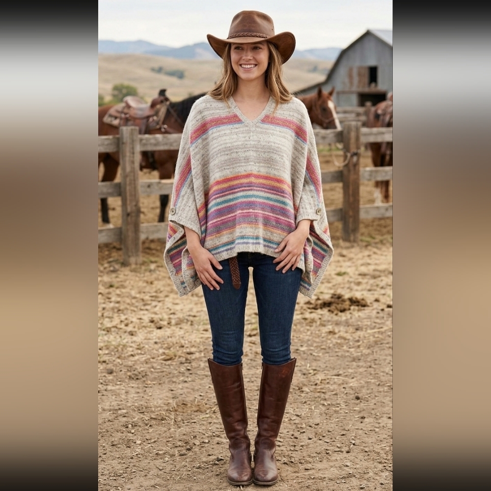Kuna Women's Baby Alpaca Poncho Sweater Multicolor Striped Soft Knit Peru! S/M